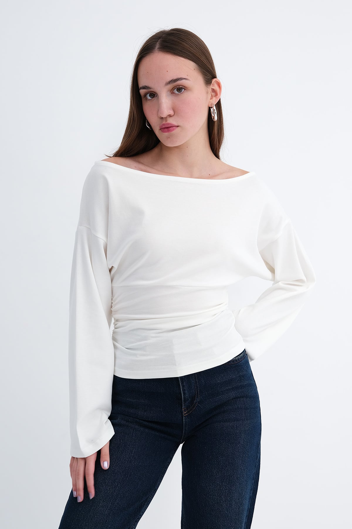 Ecru_Boat-Neck-Ruched-Blouse-addax