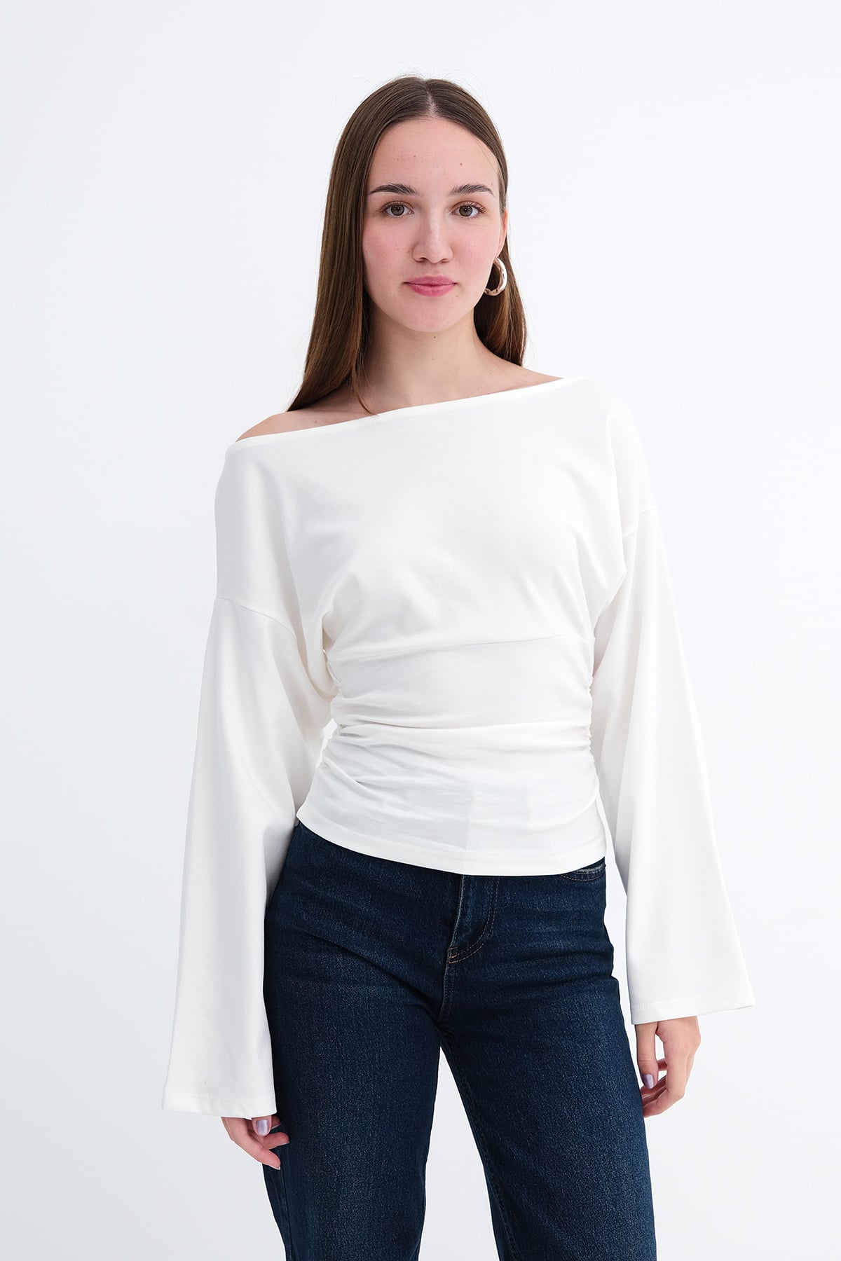 Ecru_Boat-Neck-Ruched-Blouse-addax