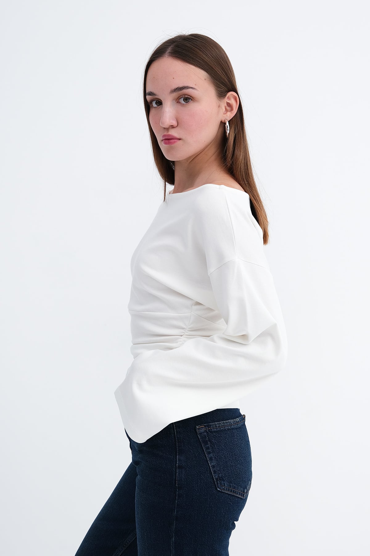 Ecru_Boat-Neck-Ruched-Blouse-addax