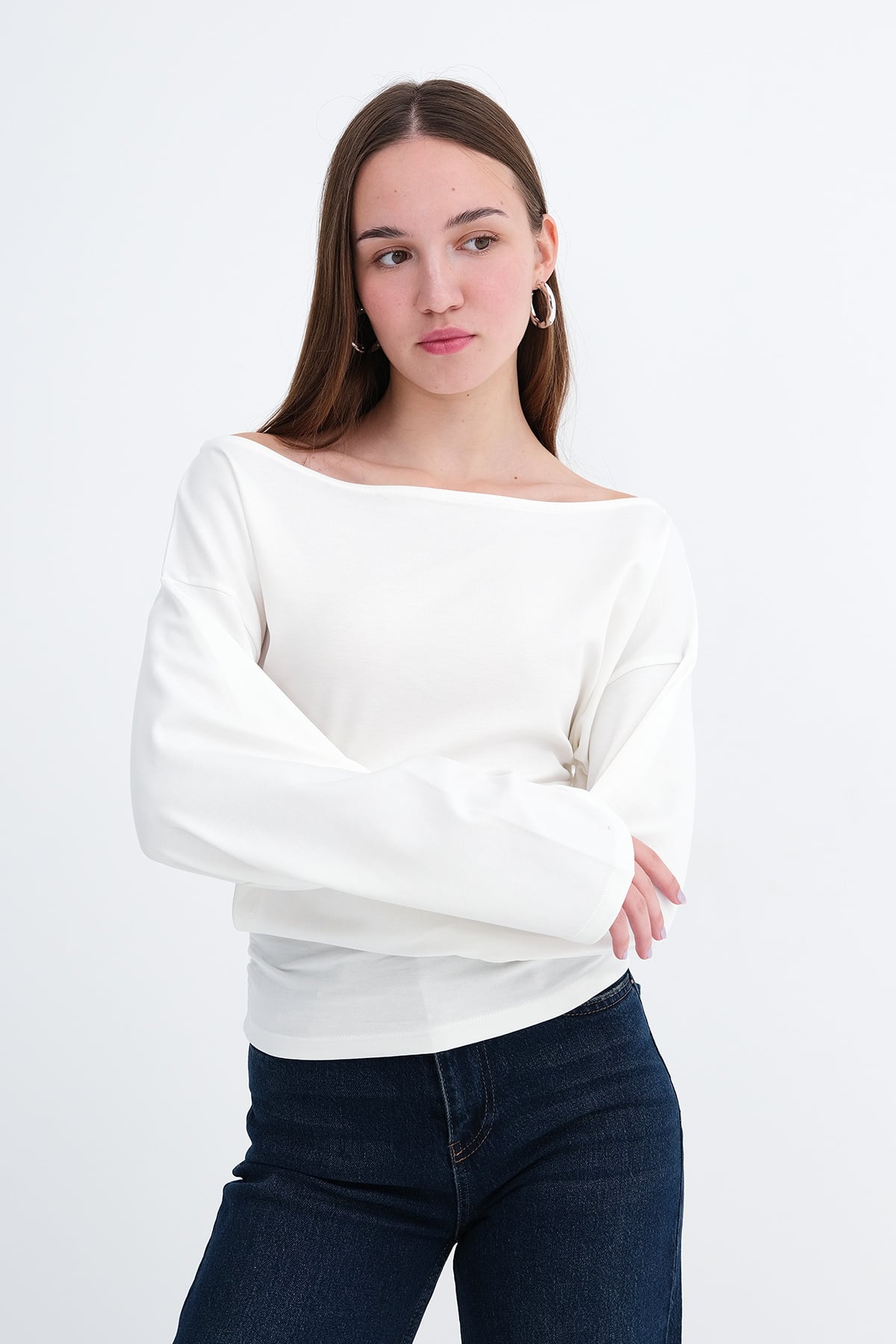 Ecru_Boat-Neck-Ruched-Blouse-addax