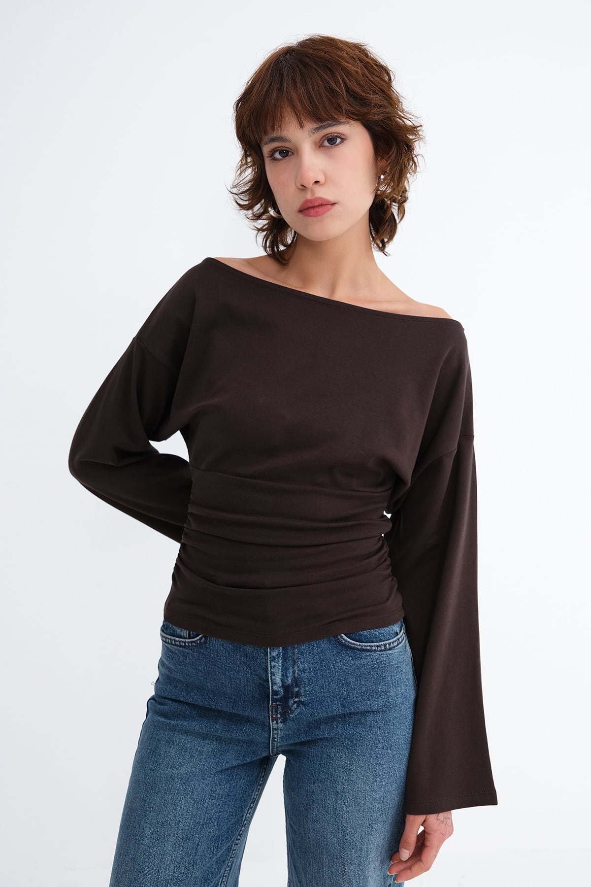 Bitter-Coffee_Boat-Neck-Ruched-Blouse-addax