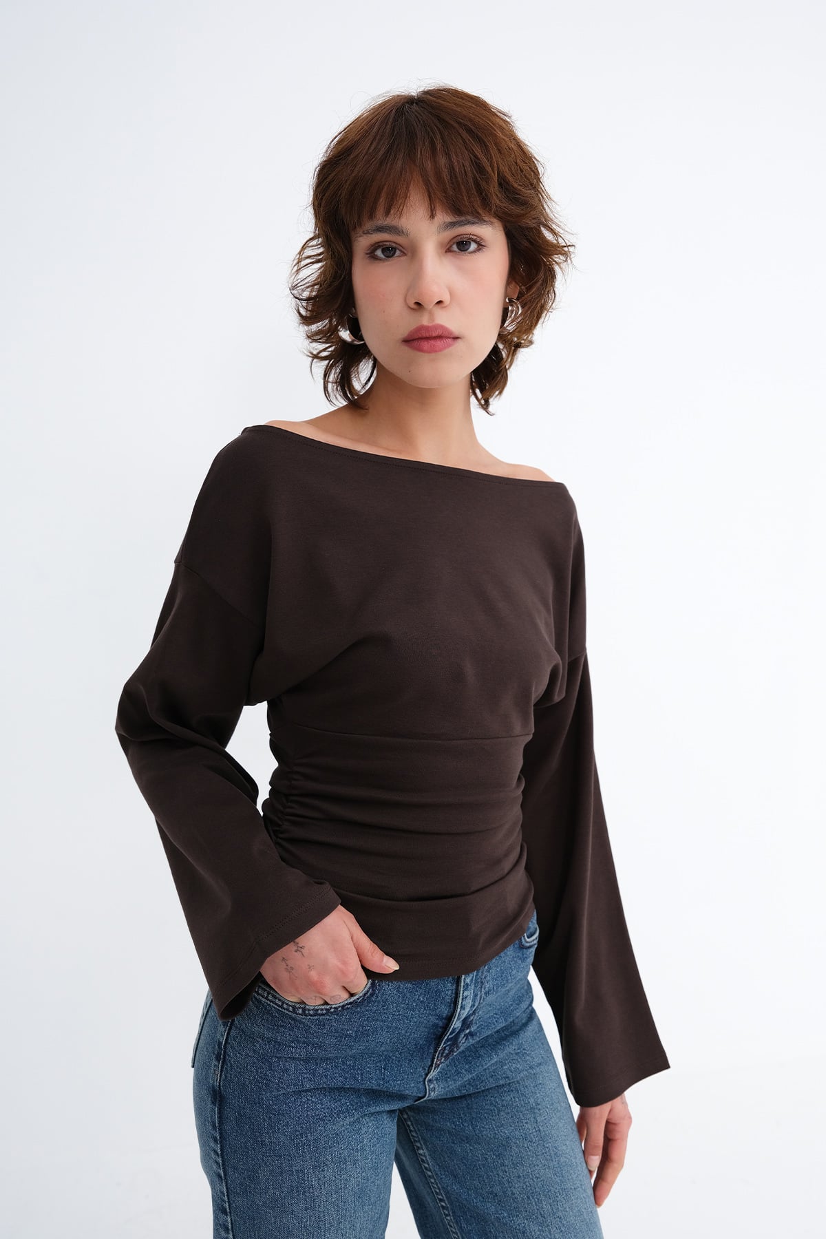 Bitter-Coffee_Boat-Neck-Ruched-Blouse-addax