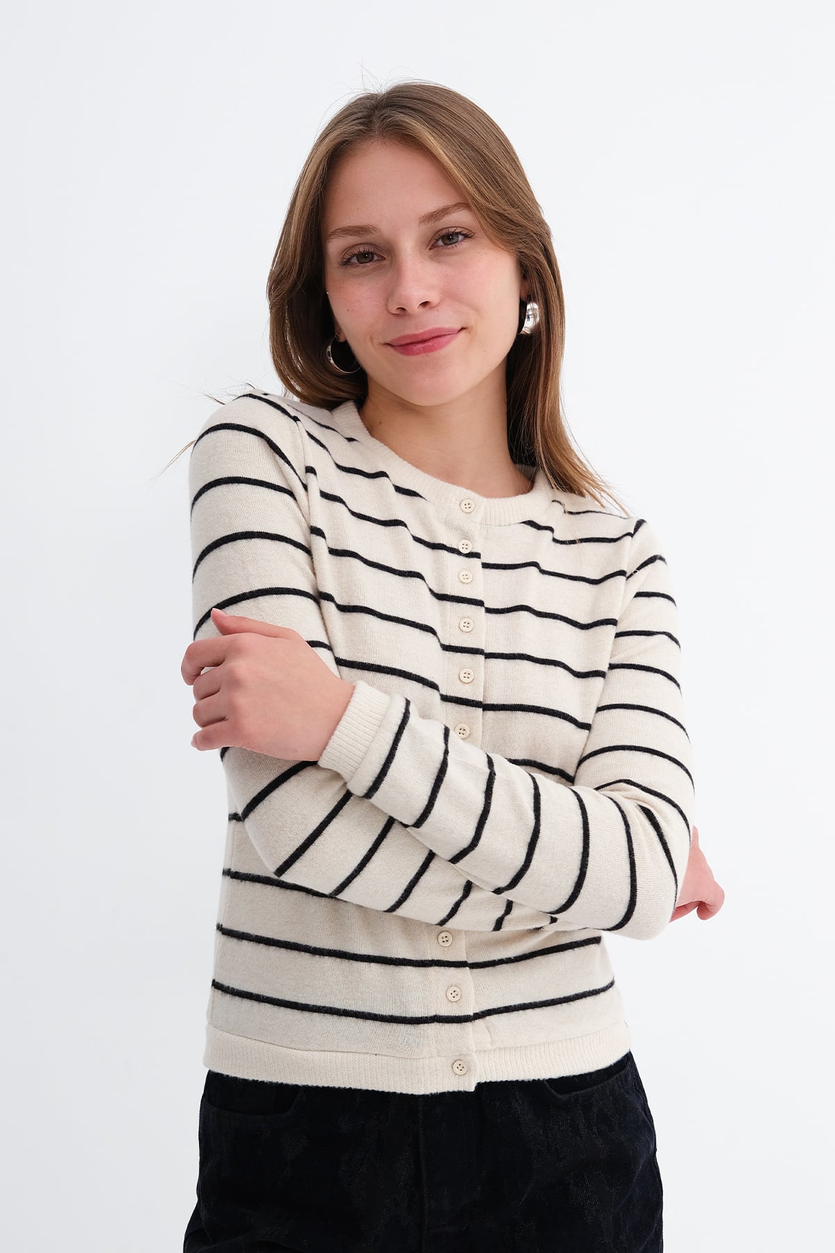 Ecru---Black_Striped-Knit-Cardigan-addax
