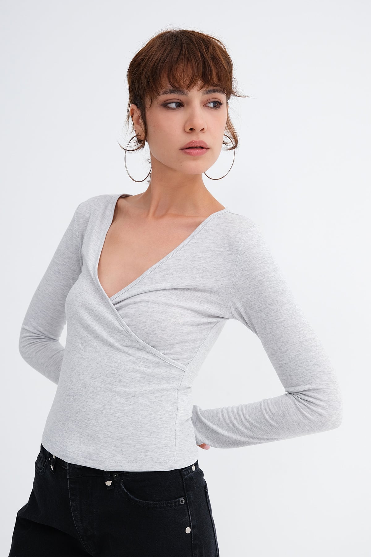 Snow-Melange_Wrap-Neck-Long-Sleeve-Blouse-addax