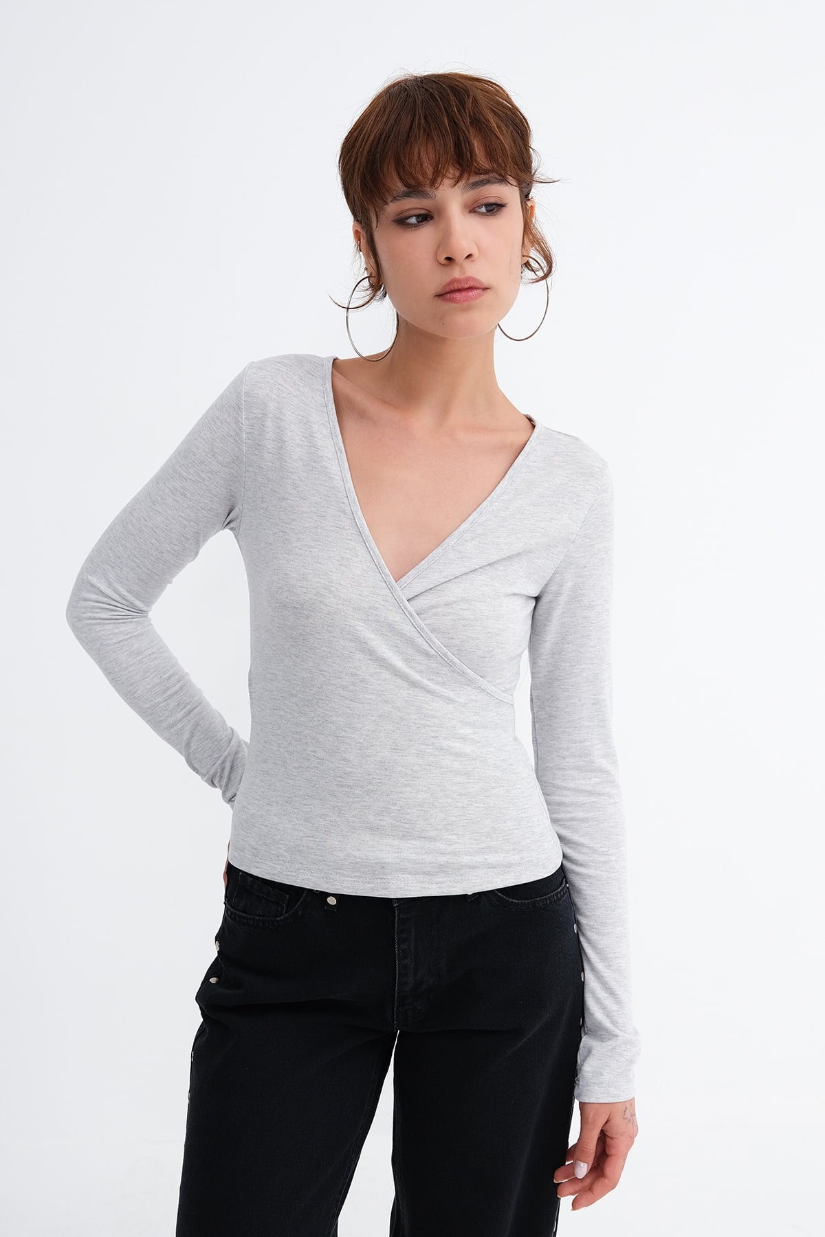 Snow-Melange_Wrap-Neck-Long-Sleeve-Blouse-addax