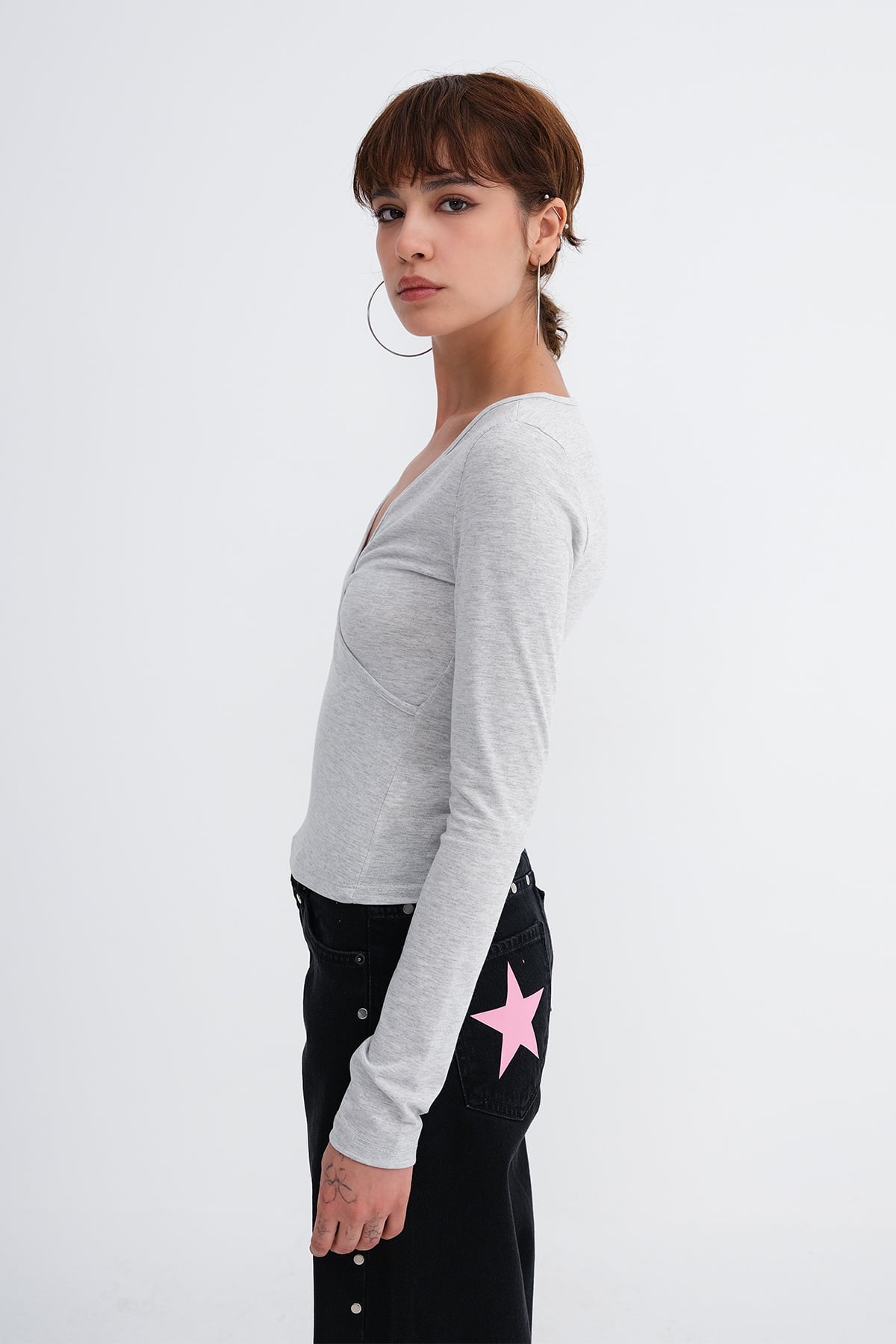 Snow-Melange_Wrap-Neck-Long-Sleeve-Blouse-addax
