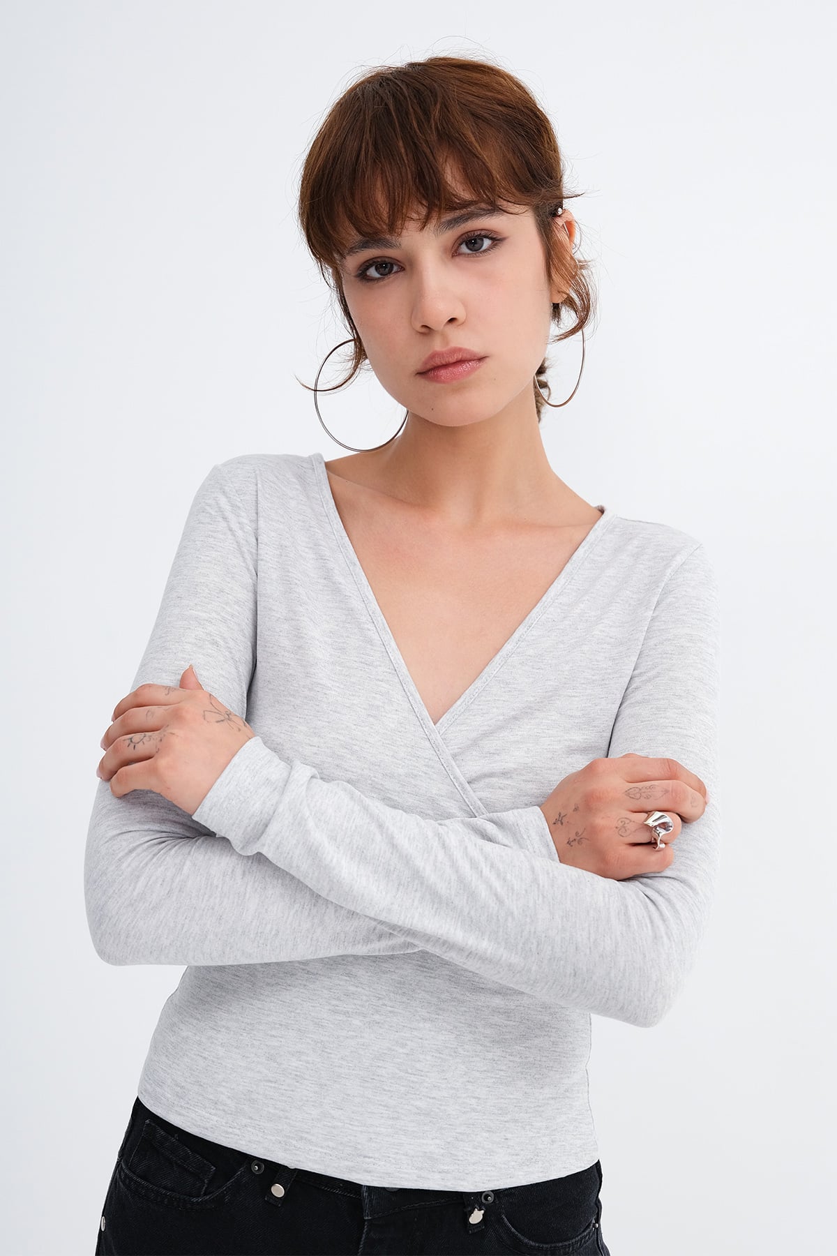 Snow-Melange_Wrap-Neck-Long-Sleeve-Blouse-addax