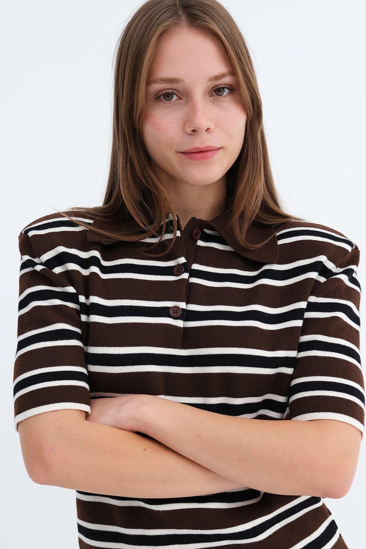 Brown---Black_Padded-Shoulder-Short-Sleeve-Knit-Top-addax