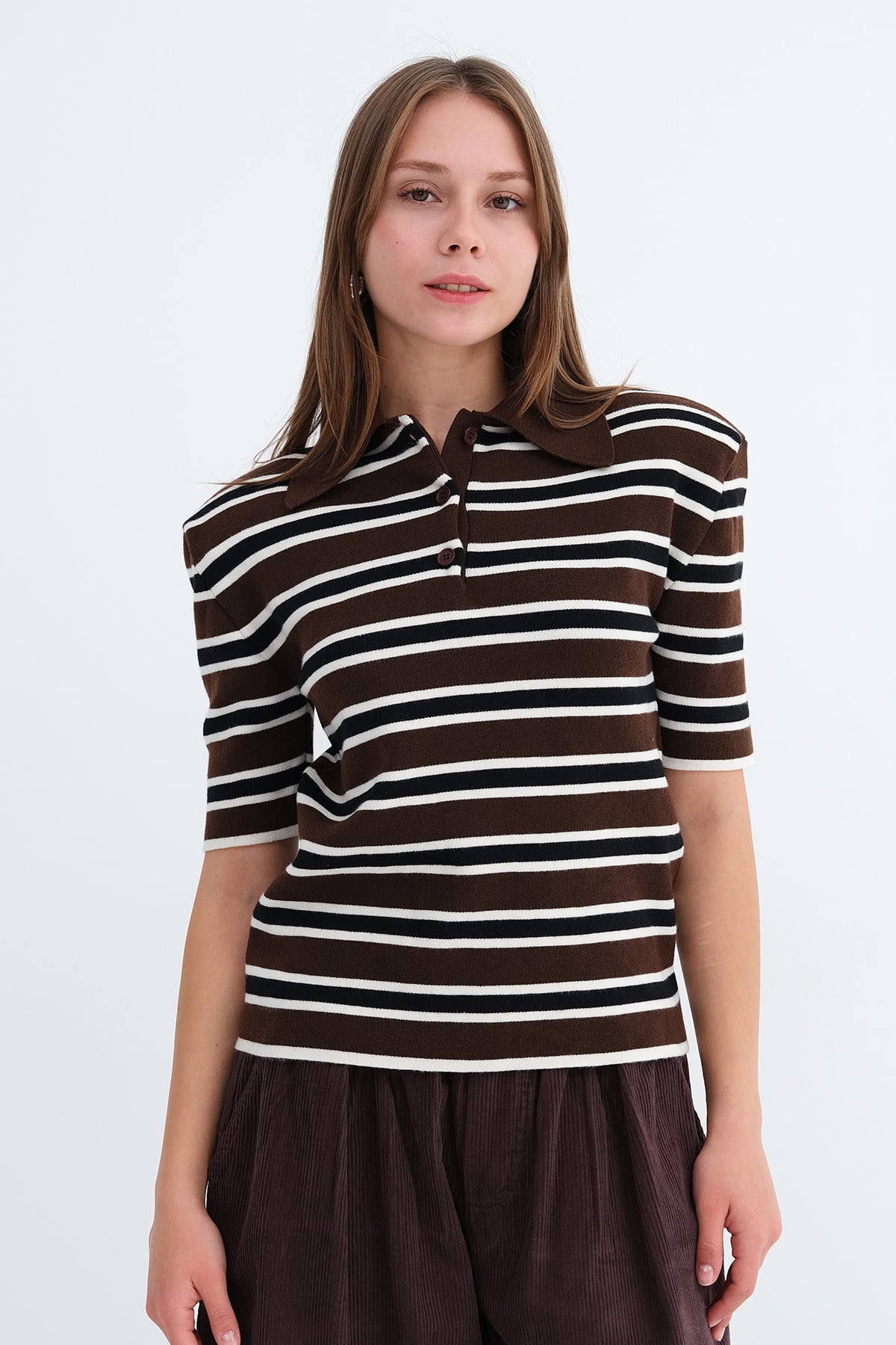 Brown---Black_Padded-Shoulder-Short-Sleeve-Knit-Top-addax