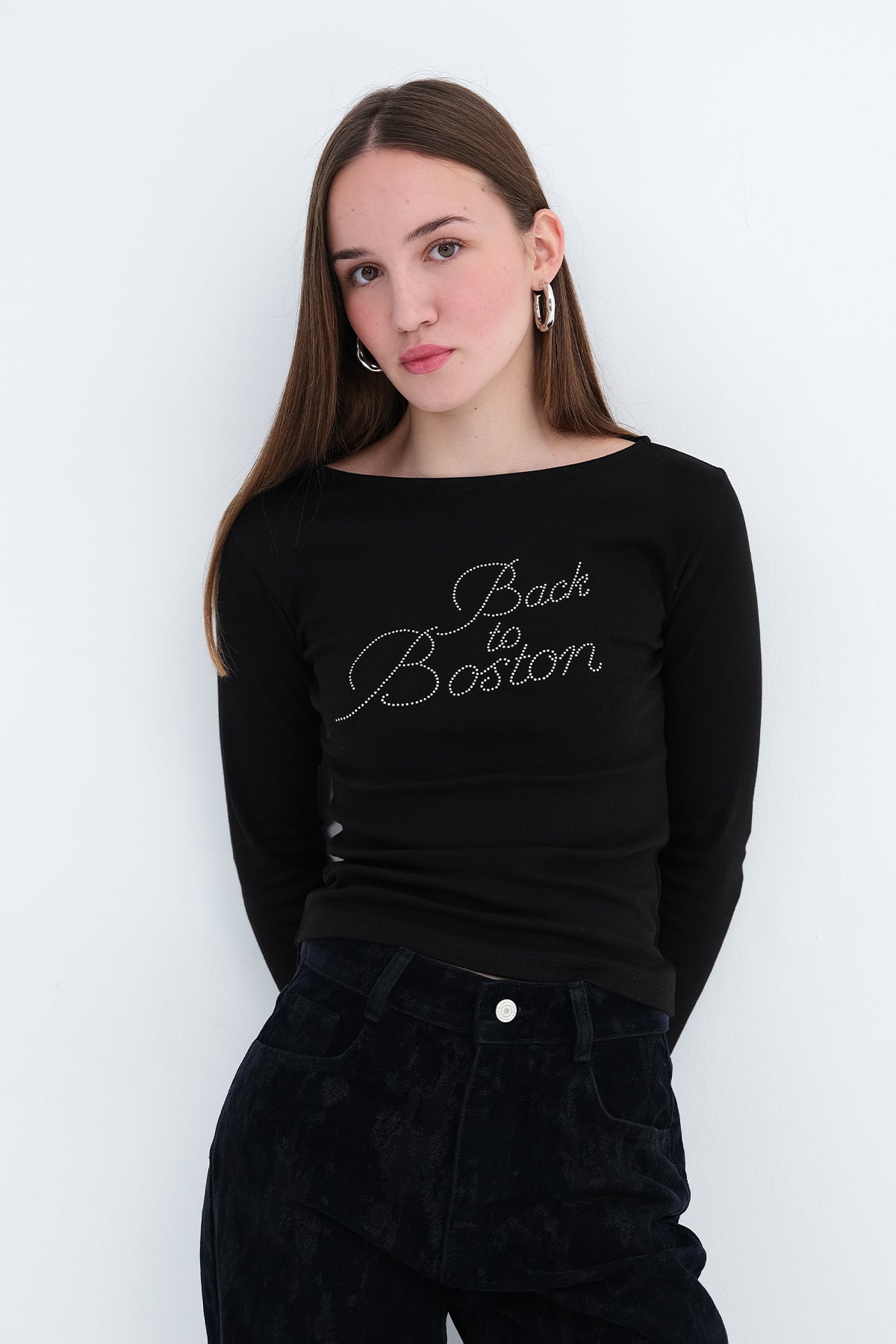 Rhinestone Front Long Sleeve T-Shirt