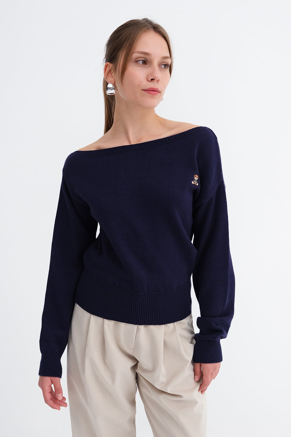 Teddy Bear Embroidered Knit Sweater