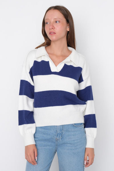 Polo Neck Knit Sweater With Striped K3289