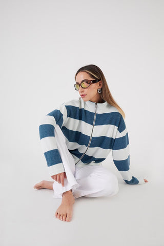 High Neck Striped Cardigan With Zip H10209