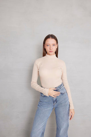 High Neck Ribbed Crop Blouse With Long Sleeve B1600