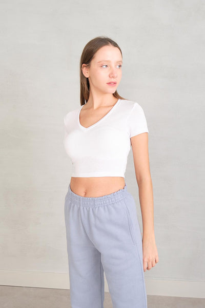 V-Neck Crop Blouse With Short Sleeve P13209