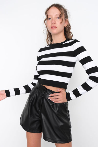 Crop Knit Sweater With Striped K10189-1