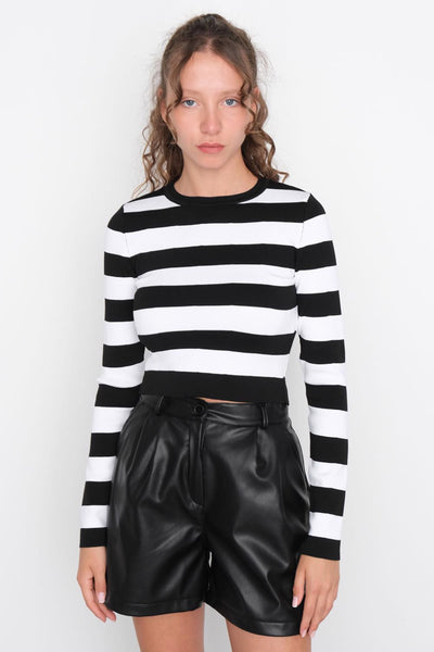 Crop Knit Sweater With Striped K10189-1