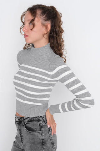 High Neck Knit Sweater With Striped K10201