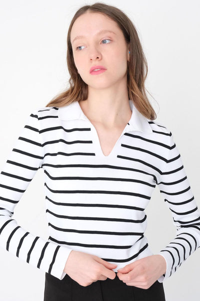 Polo Neck Blouse With Striped B3064