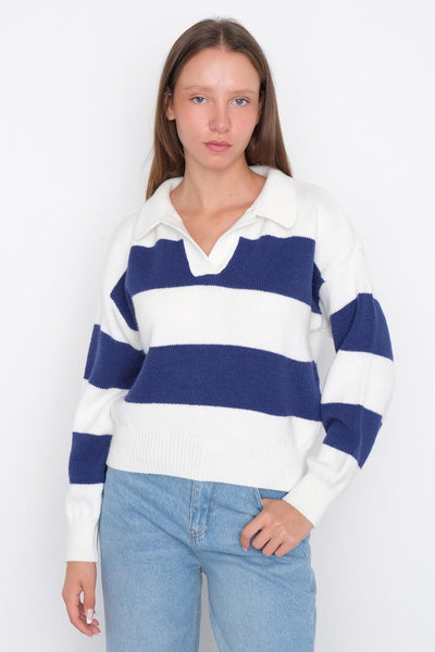 Polo Neck Knit Sweater With Striped K3289