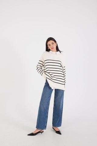 High Neck Knit Sweater With Striped K0193