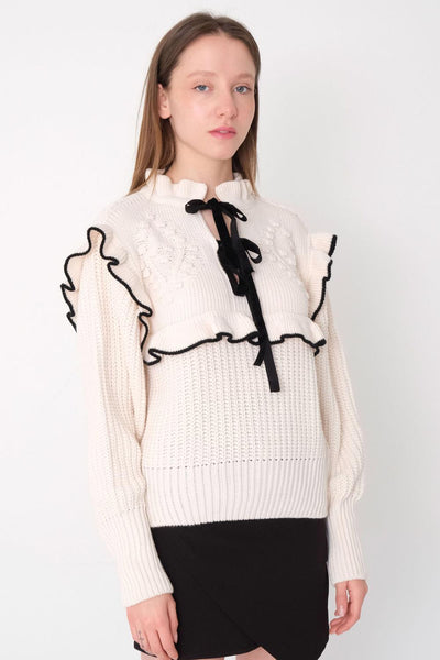 Knit Sweater With Ribbon and Frilly K3820